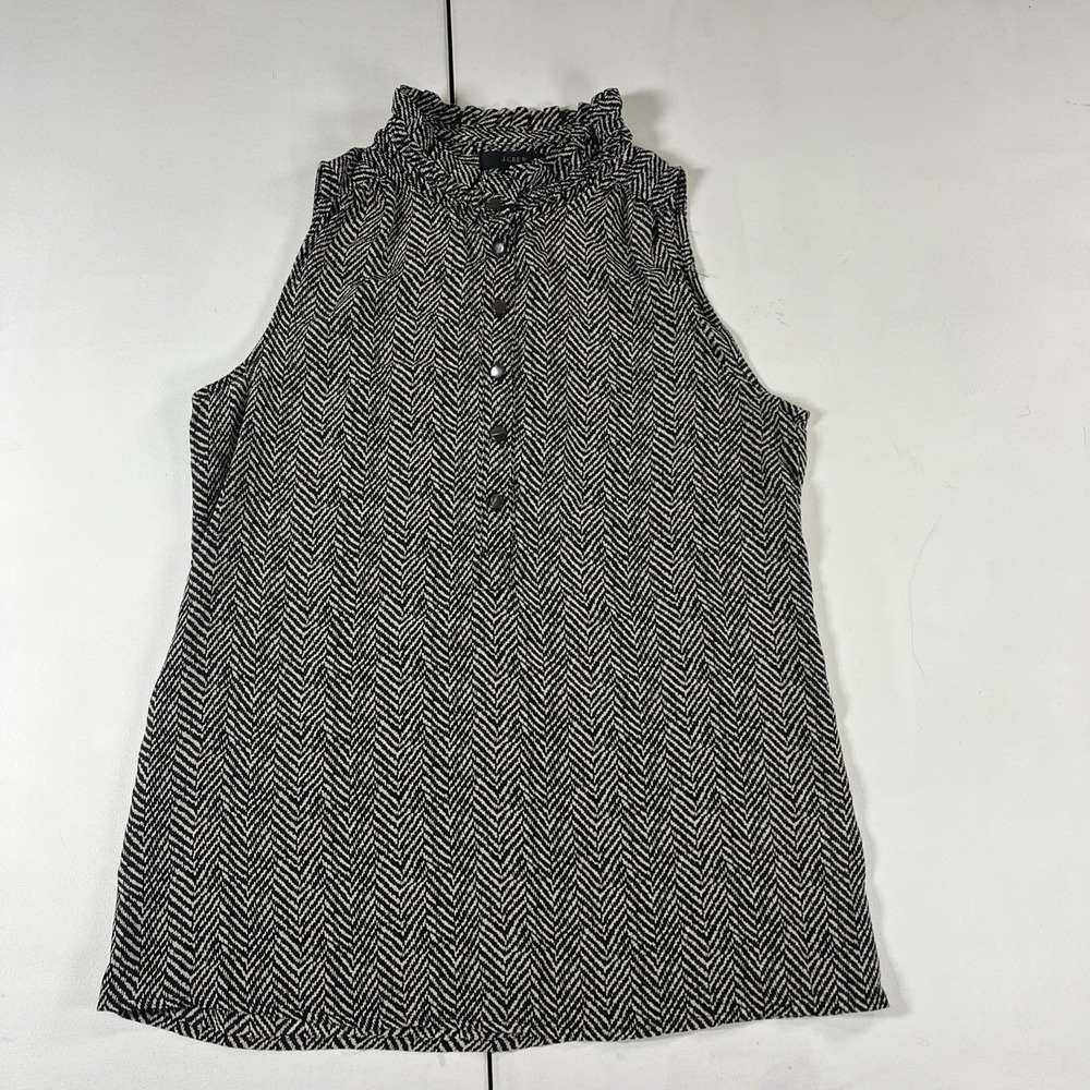 J Crew Button Front Sleeveless Blouse 100% Silk Ruffles Black White Women's 00